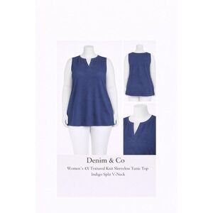 Denim & Co Indigo Blue Textured Knit Sleeveless Tunic Top 4X A35417 Split V-Neck
